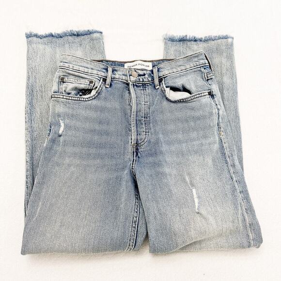 Denim Forum The Arlo High Rise Straight Denim Jeans Acid Wash Raw Hem Size 27 - Picture 7 of 9